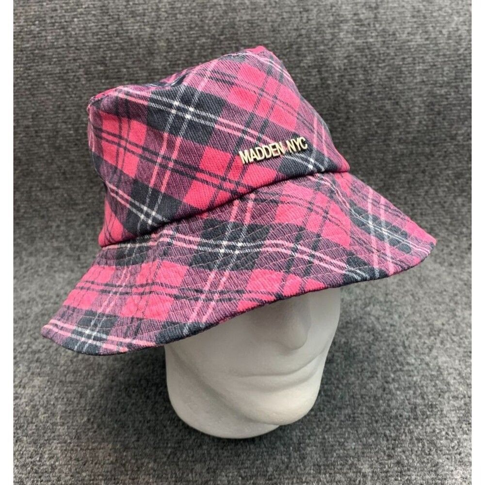 Steve Madden NYC Bucket Hat Brushed Plaid Twill Metal Block Logo